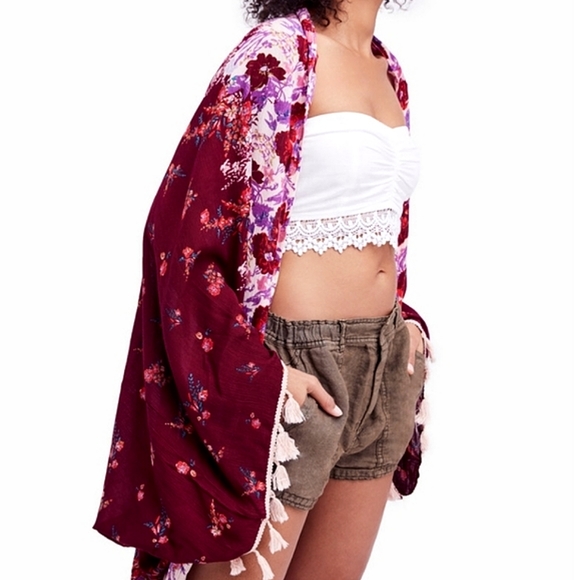 Sale! 🌺 Free People Floral Red, Ruby, Pink Floral Tassel Kimono, One Size - Picture 6 of 14